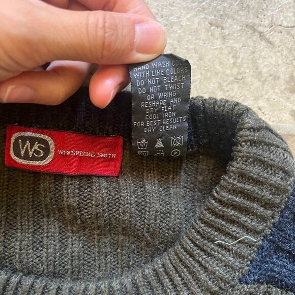 Vintage 90s Mens Sweater L Navy Green Striped Wool Blend Grunge Skater Grandpa - Picture 3 of 7